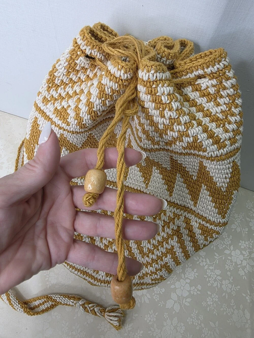 Unique Batik Guatemala Crocheted Drawstring Backpack Mustard Yellow Boho Bucket